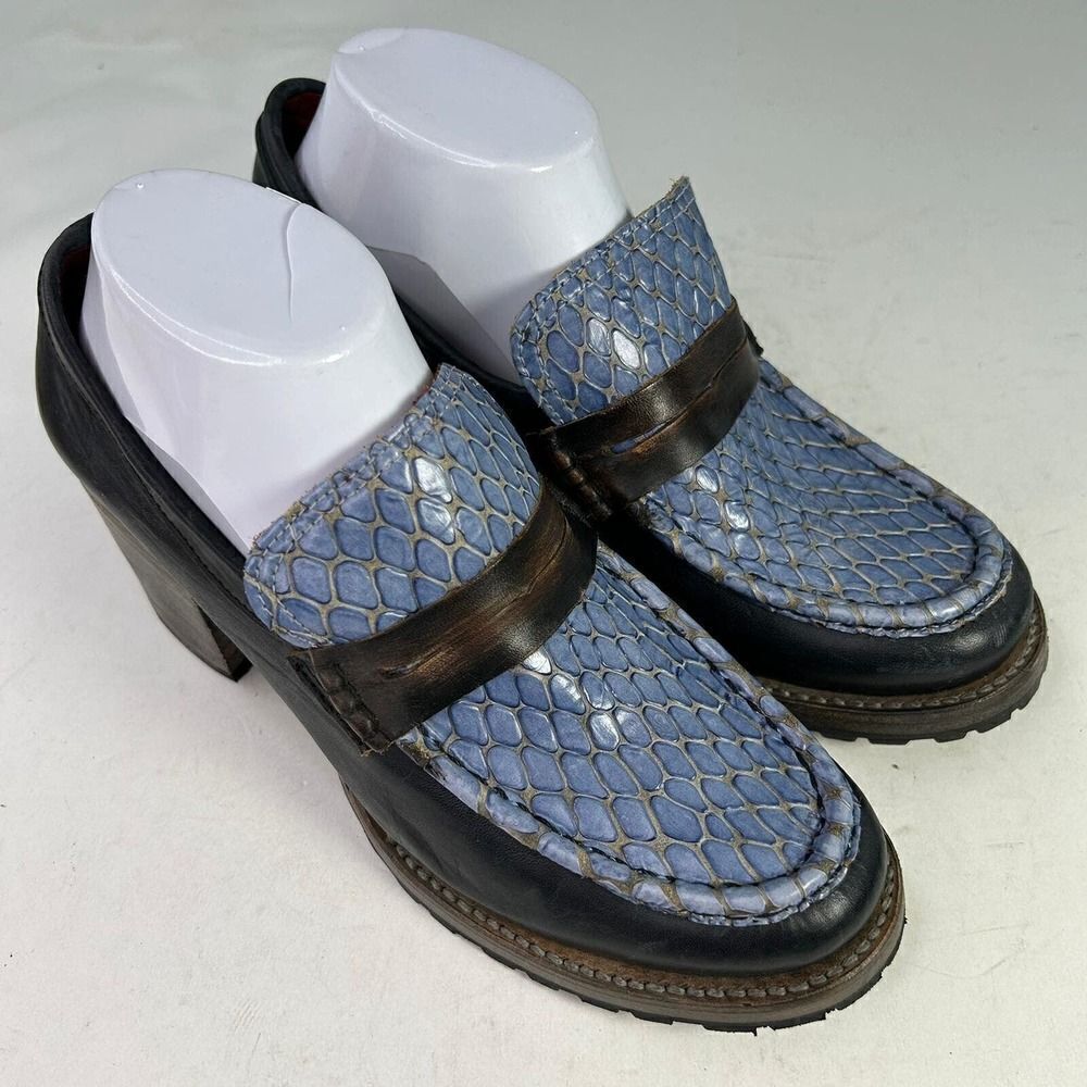 Freebird By Steven Bristol Blue Snake Leather Bootie US 9 High Heel Slip-On Shoe - Picture 3 of 10